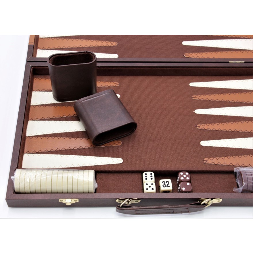 Backgammon Koffer Kunstleder braun, 43 x 26 cm, Einzelstück Ausführung 1B, denkspiele24.de