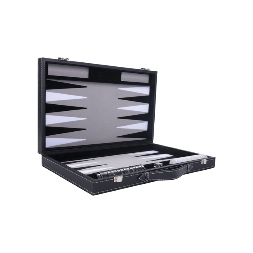 Backgammon Koffer Exklusiv grau/schwarz/weiß 47 x 29 cm
